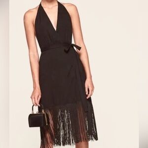 NWT Reformation Black Plunge Halter Midi Cocktail Wrap Dress with Fringe